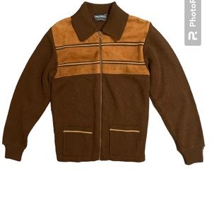 Vintage 70s zip up sweater Genuine Leather suede trim MADE IN USA brown SZ SMALL